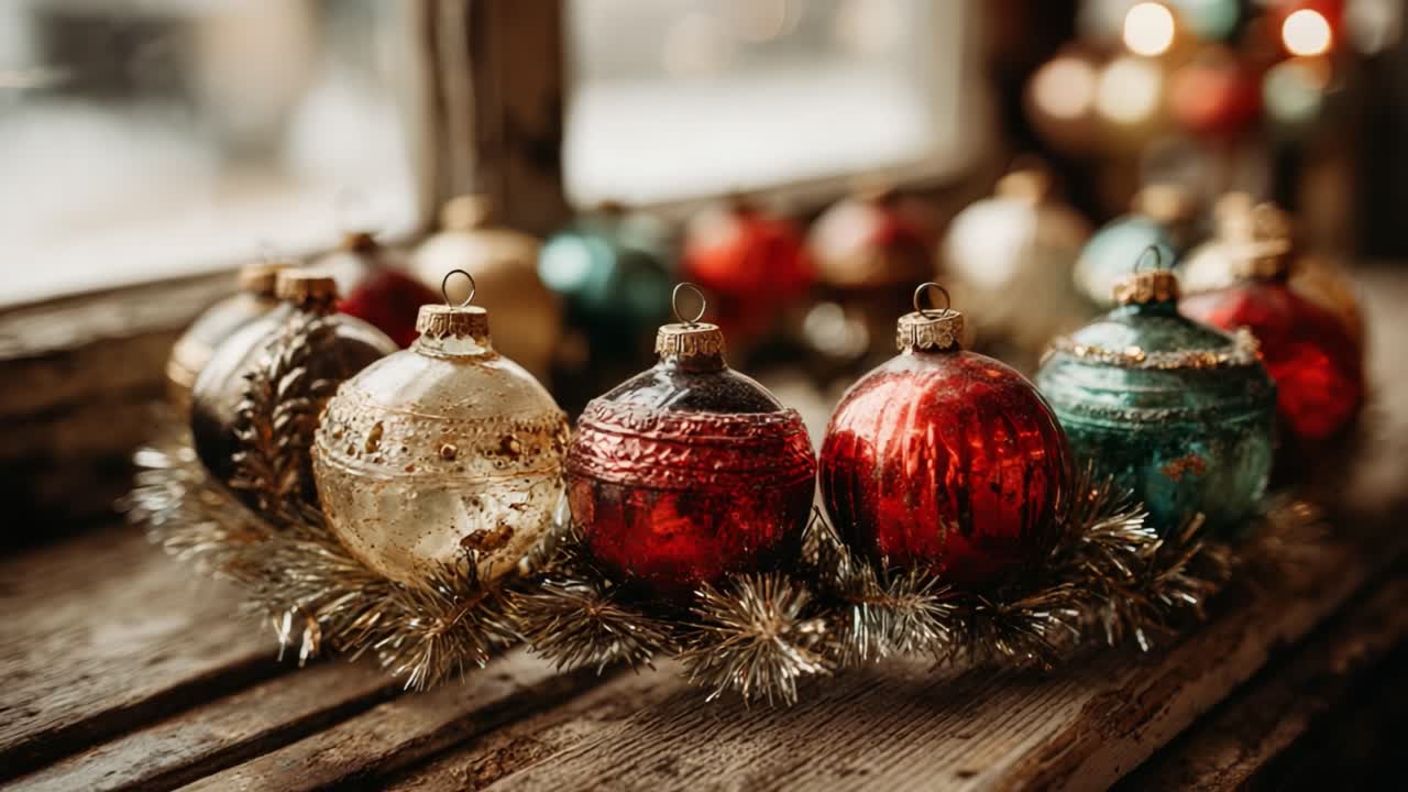 A Beautiful Display of Colorful Christmas Ornaments Adorned with Glittering Tinsel, Evoking a Festive Atmosphere and Holiday Cheer in a Cozy Setting