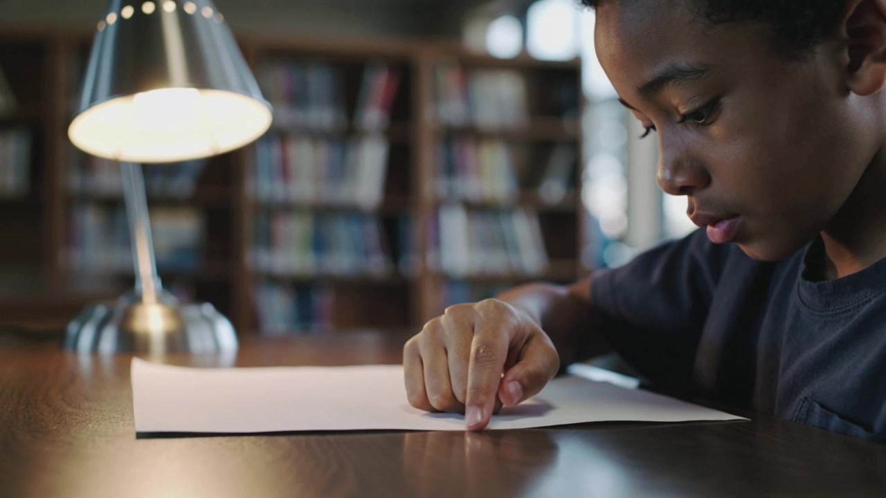 Placing finger, student tracing along white paper at library table to focus with lamp, copy space