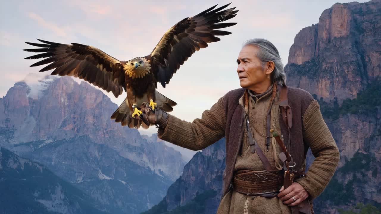 Man with Eagle in the Mountains