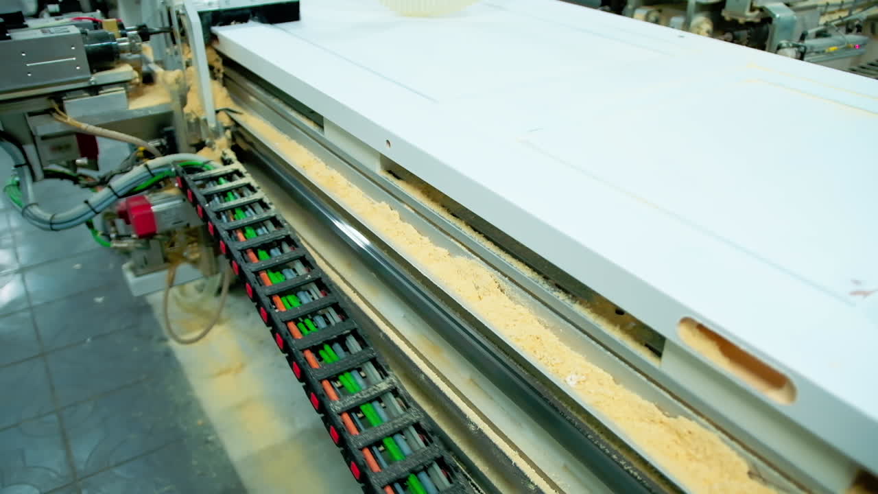 Doors manufacturing. Modern machine tool for furniture production. Industrial device indoors. Robotic equipment in workshop.