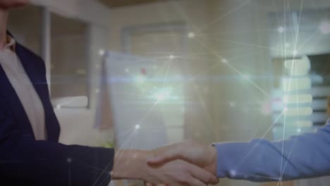 Animation-of-illuminated-dots-connected-with-lines-over-caucasian-entrepreneurs-shaking-hands