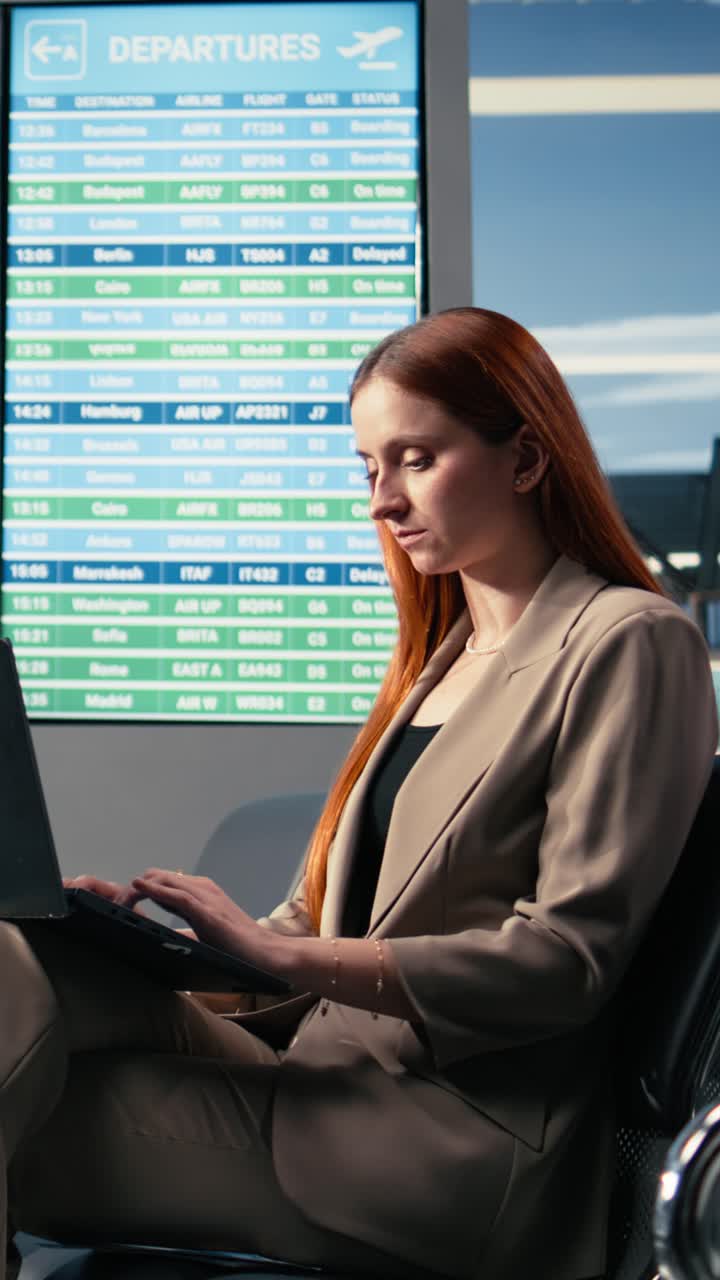 Vertical Video Consultant On A Business Trip Seated In Crowded Airport Terminal