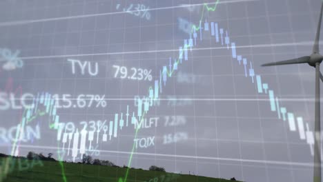 Animation-Der-Finanz--Und-Börsendatenverarbeitung-über-Einer-Sich-Drehenden-Windmühle-Vor-Grauem-Himmel