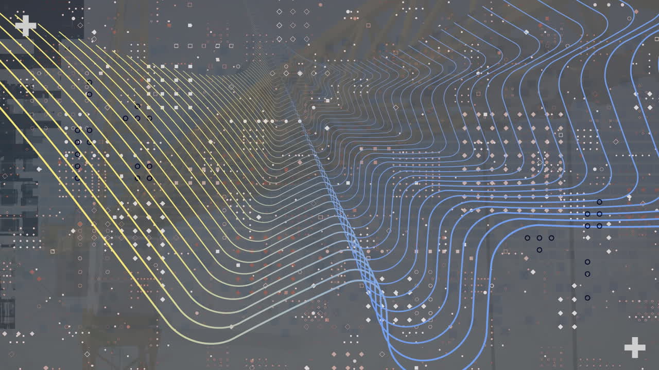 Animation of digital wave and abstract shapes over row dots pattern against grey background