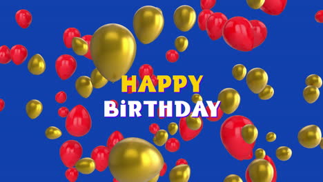 animación de texto de cumpleaños feliz sobre globos dorados y rojos flotantes sobre fondo azul