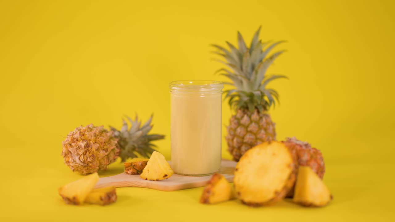 Hand places pineapple slice on creamy smoothie, surrounded by fresh fruit under bright studio lighting