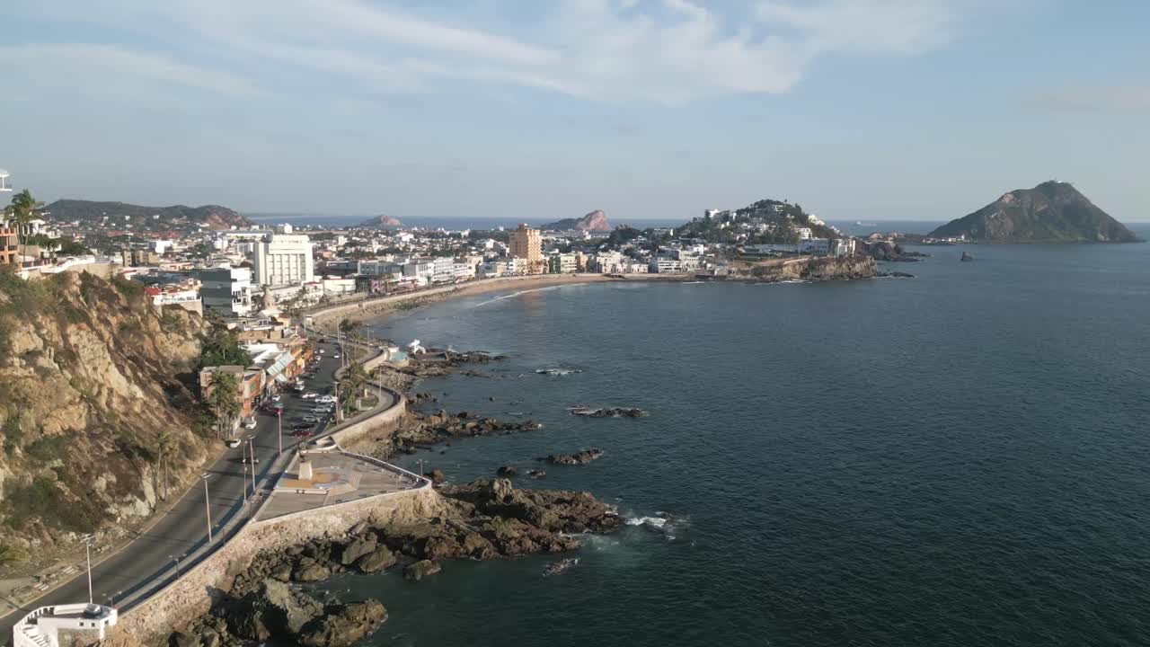 Mazatlan Mexico Resort coast town aerial drone panoramic natural beach village at Mexican pacific ocean in Sinaloa