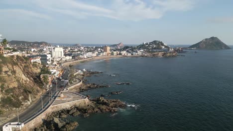 Mazatlan-Mexico-Resort-coast-town-aerial-drone-panoramic-natural-beach-village-at-Mexican-pacific-ocean-in-Sinaloa