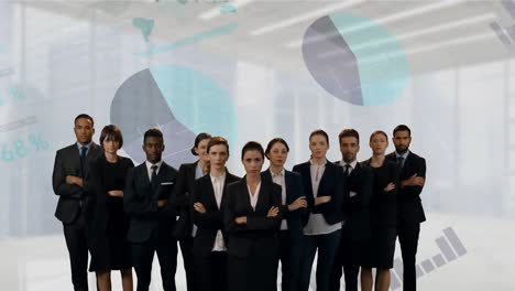 animation of diverse female and male businesspeople over diverse data and graphs