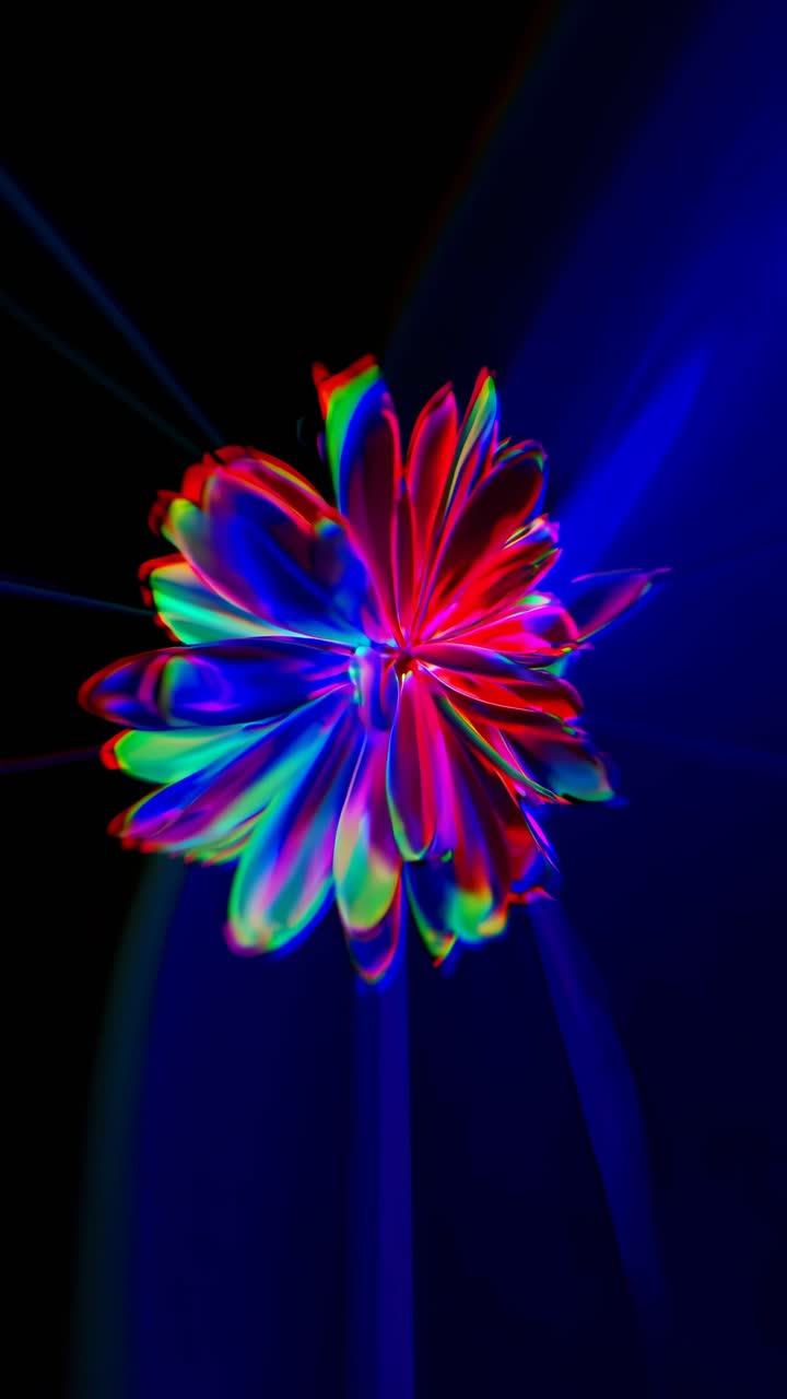 A vibrant, psychedelic flower with neon colors against a black background, captured from a top-down