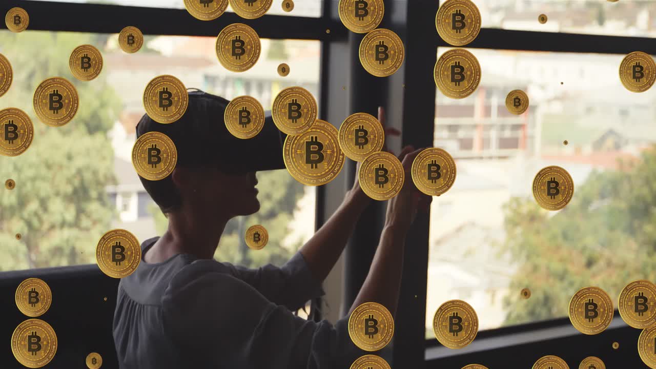 animación de bitcoins sobre mujer caucásica usando auriculares vr