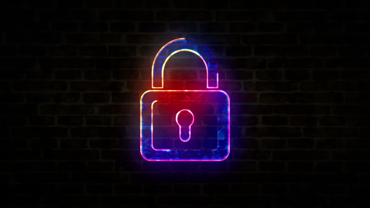 bloqueo de seguridad cibernética símbolo de neón en la pared de ladrillo