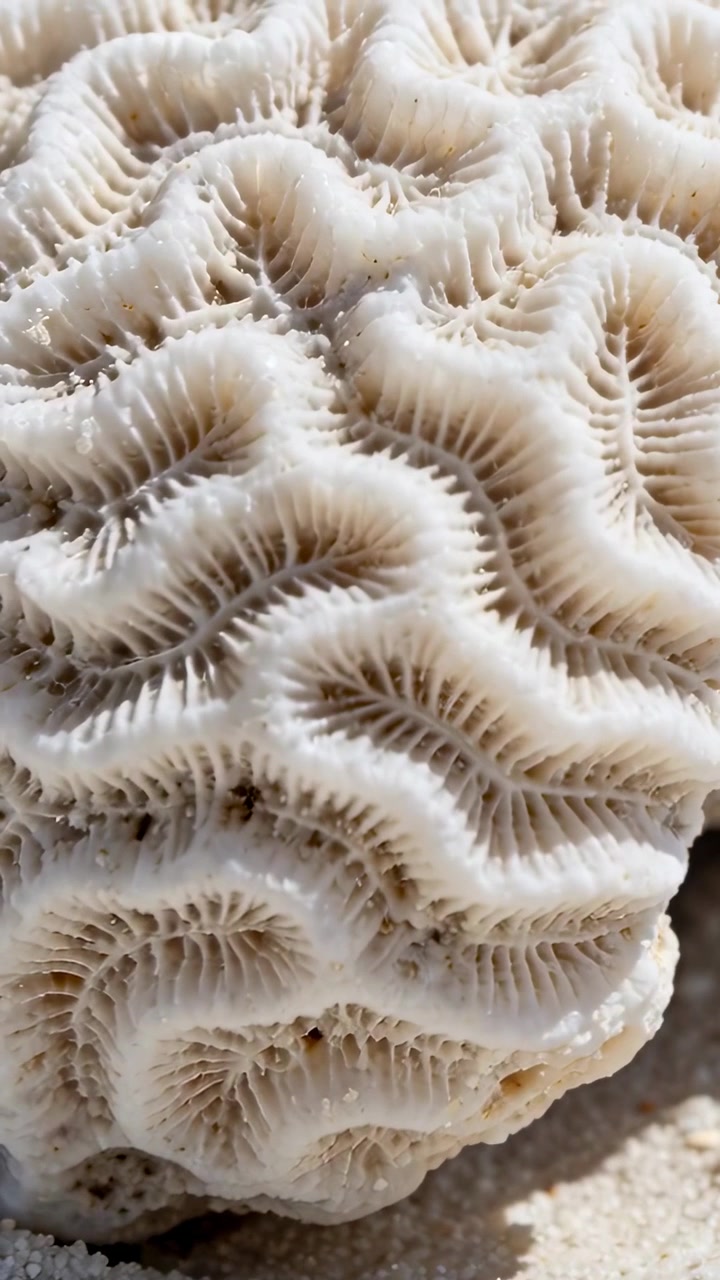 Vertical video: Panning camera revealing bleached brain coral piece on sand, showing fine texture