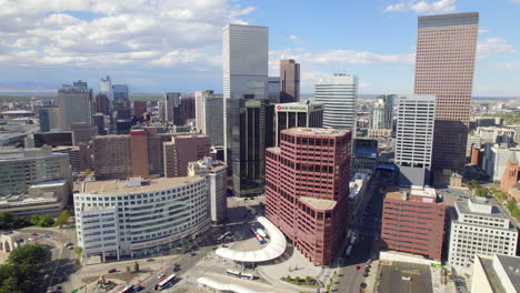 drone panning to the left with the downtown denver skyline near civic center park in downtown denver, colorado, usa