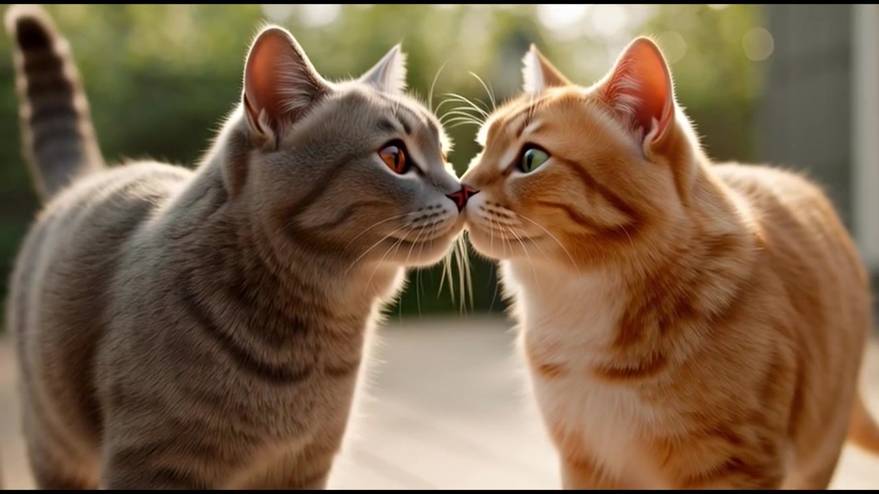 Due gatti che si salutano su un ponte di legno.