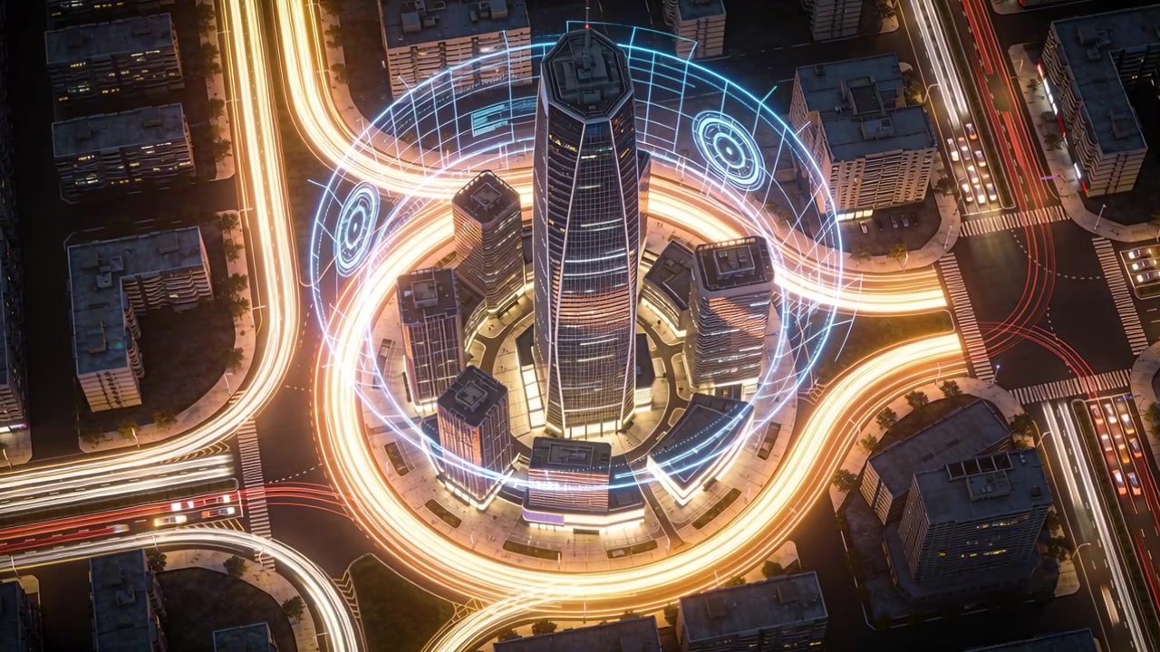 Beacon signaling tower and ring road forming blue dome at night lights circling for traffic control