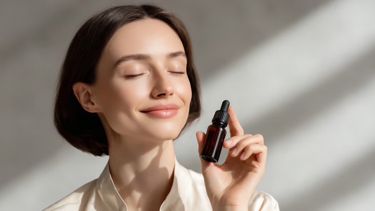Radiant Beauty: A close-up of a woman enjoying a moment of self-care while showcasing a dropper bottle, embodying tranquility and skincare sophistication