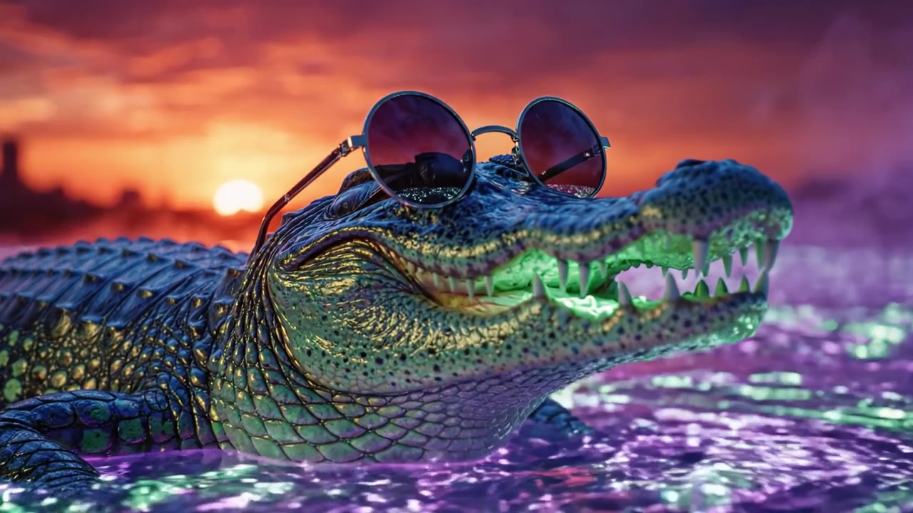 Un caimán elegante tomando el sol en una piscina vibrante al atardecer con gafas de sol, capturando una mezcla única de naturaleza y personalidad en un entorno colorido