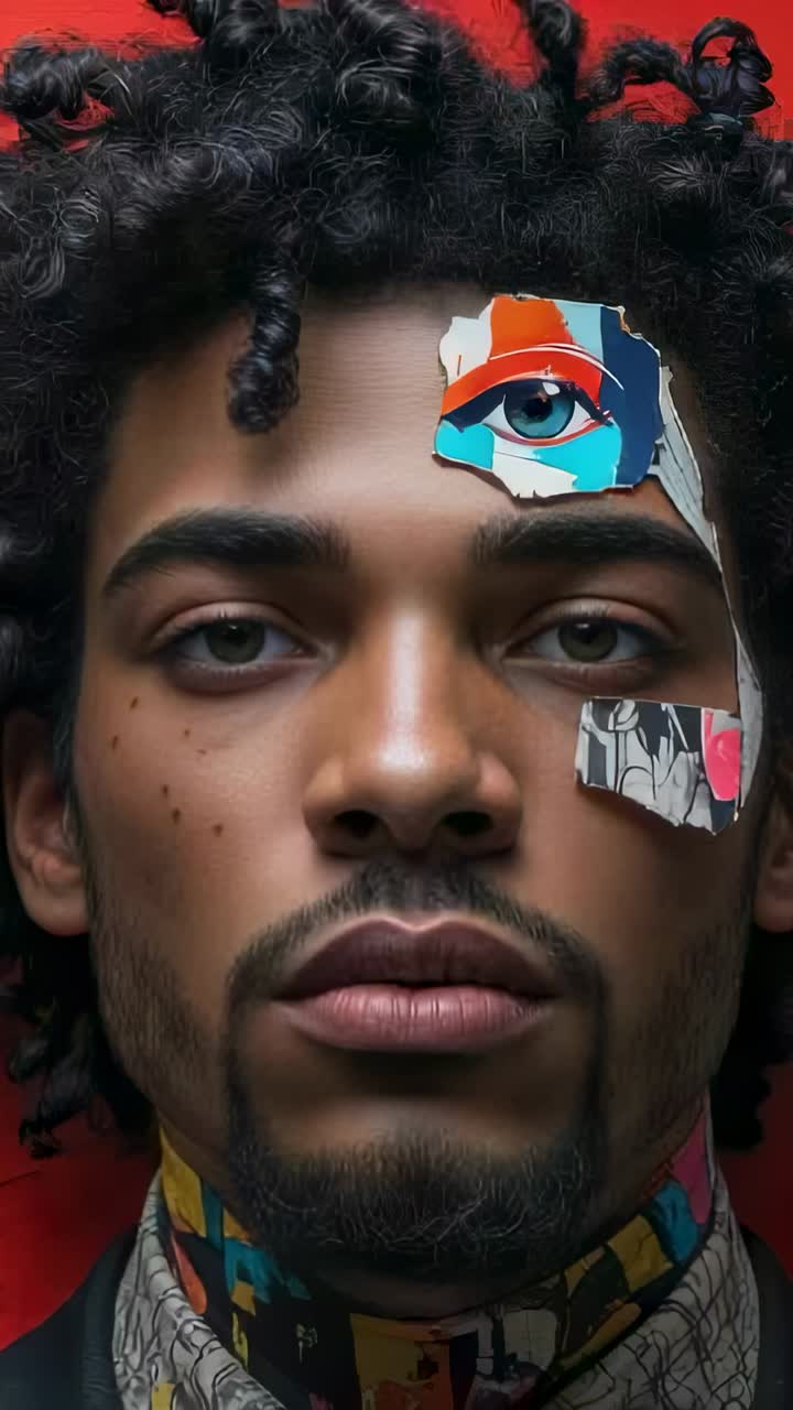 Vertical video: Blinking model wearing turtleneck against red painted wall, showing collage pieces