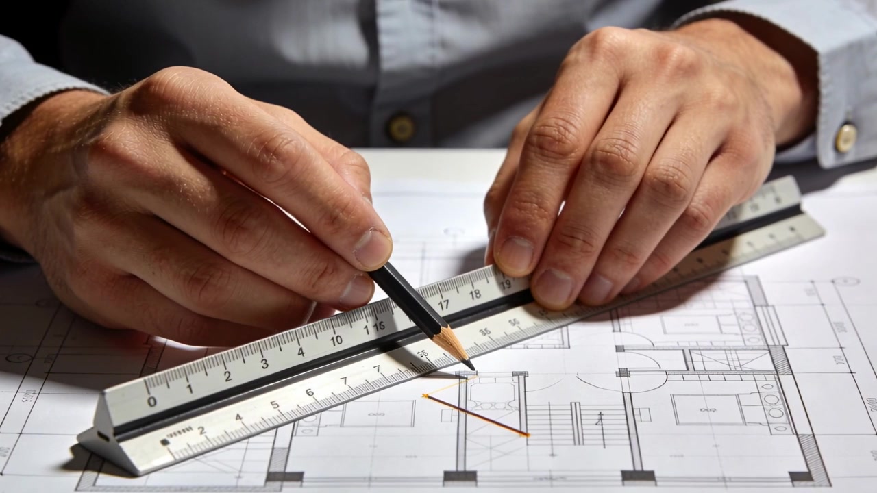 Placing tri-scale, hands holding ruler and marking plan on desk with pencil orange light-blue cuff