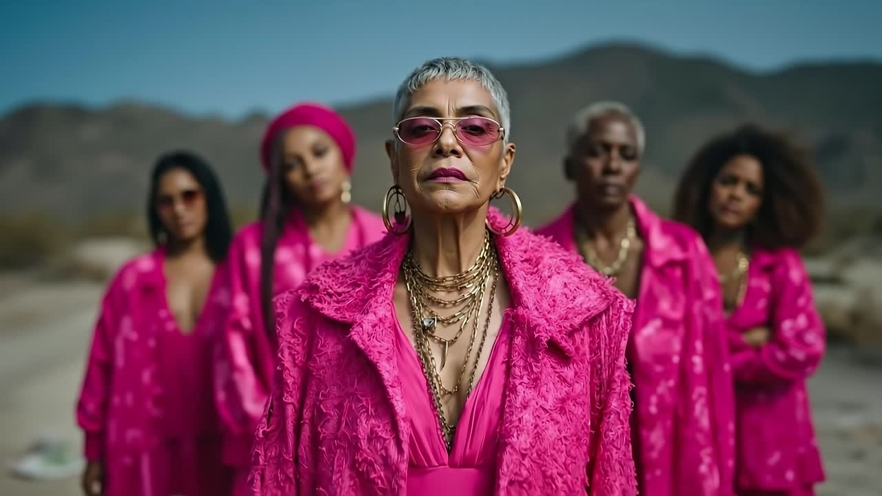A group of women in pink outfits standing in the desert