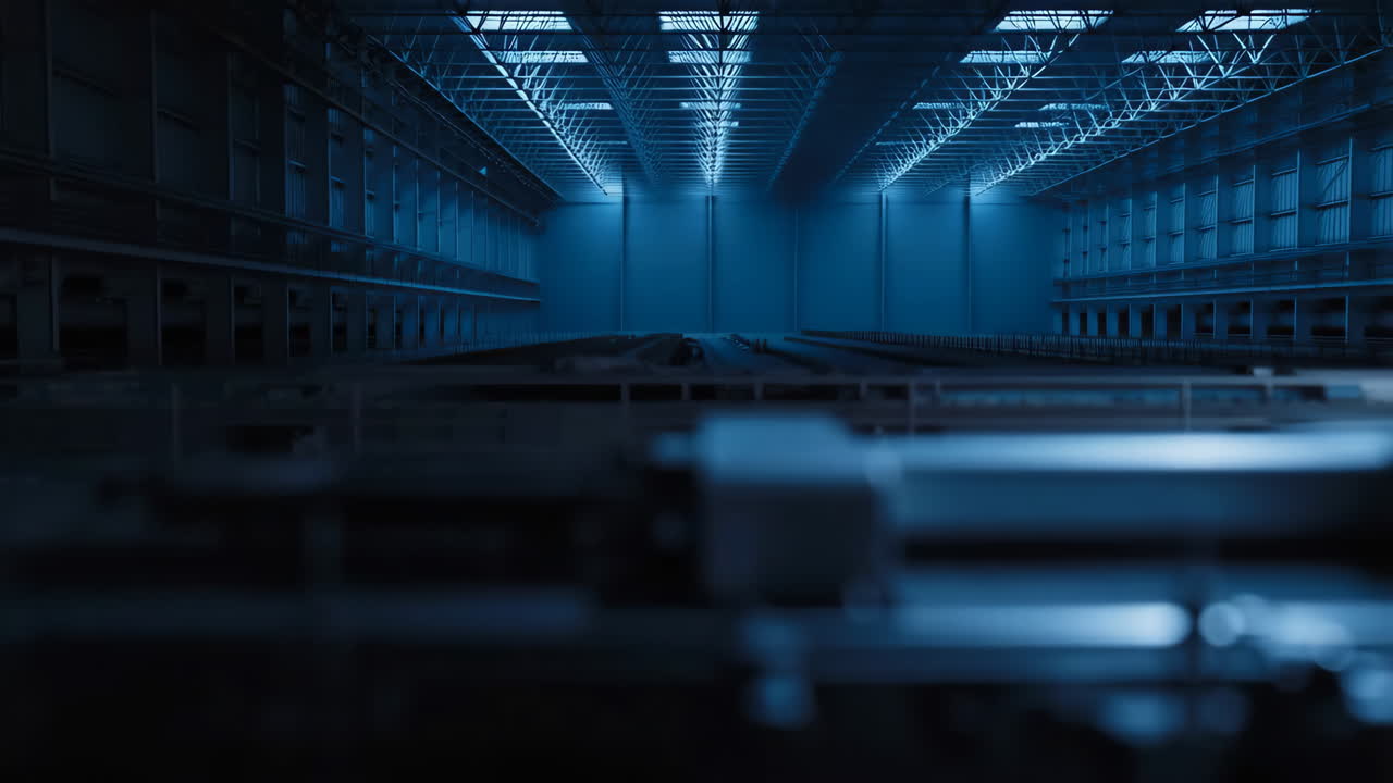 Industrial factory or warehouse with blue lighting and machinery