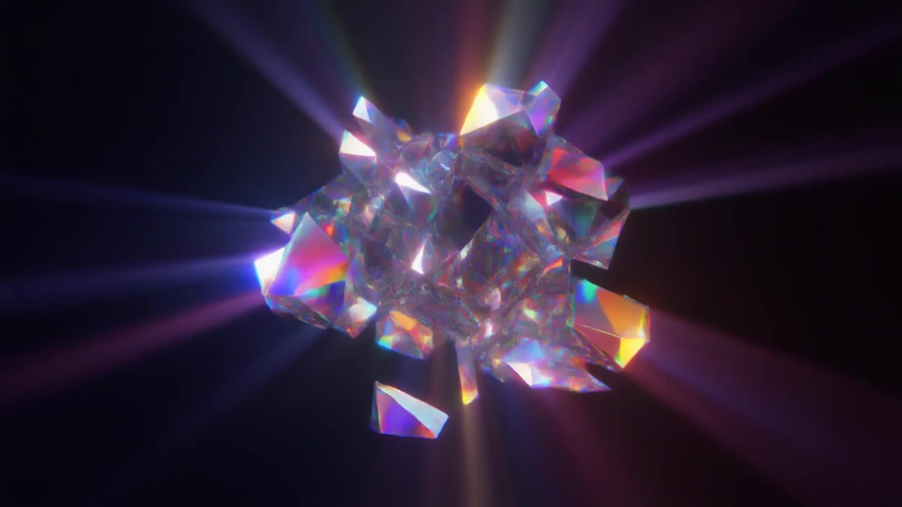 Grappolo astratto rotante di cristalli iridescenti luminosi