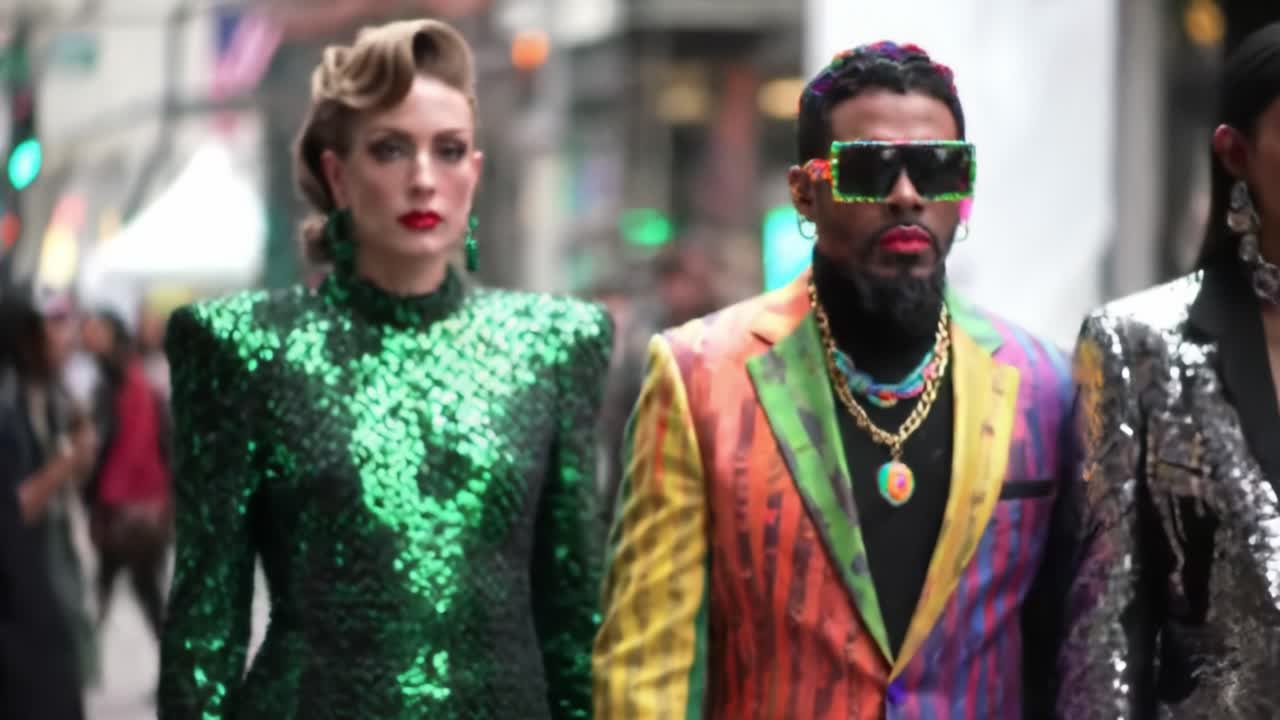 Fashion Forward: A Bold Display of Vibrant Styles and Glamorous Looks on the Streets, Showcasing the Latest Trends in High-End Apparel and Accessories