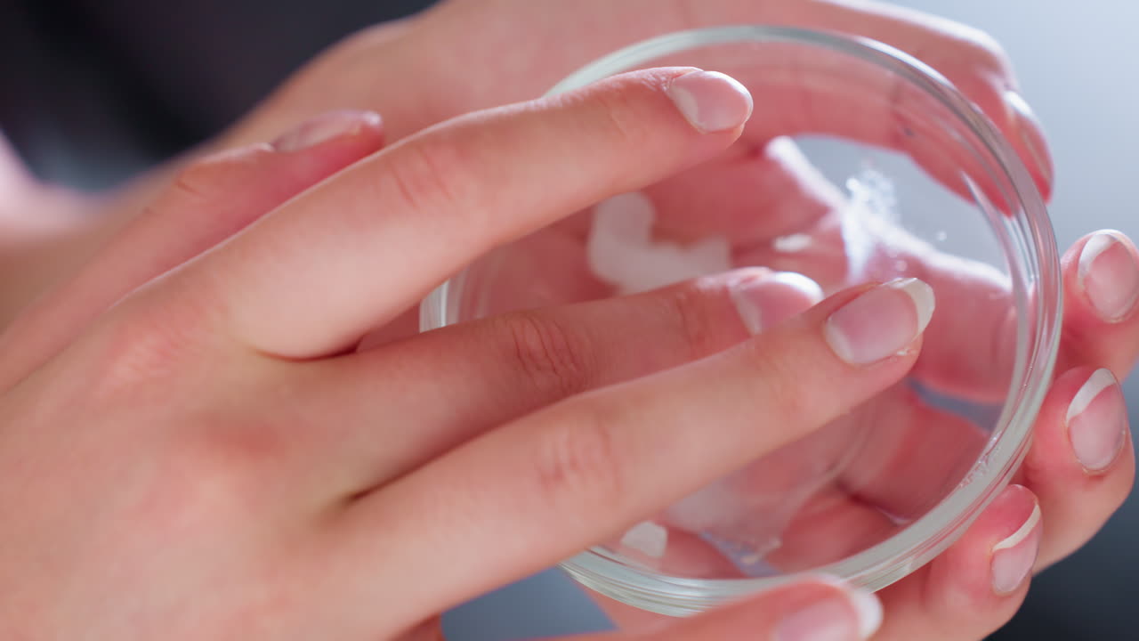 Close hand view of lady mixing cream together, preparing to apply, beauty routine, skincare treatment, facial care, moisturizing, self-care, soft skin, hydration, skincare products