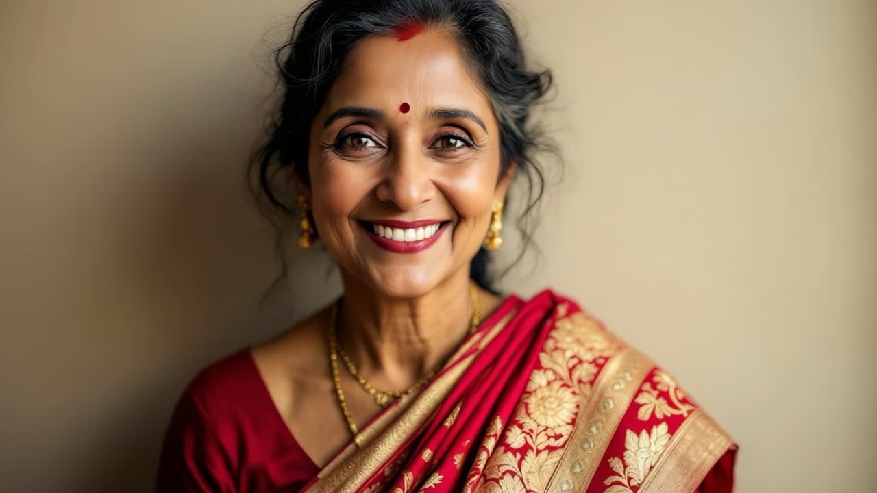 Portrett av en smilende indisk kvinne i tradisjonell sari