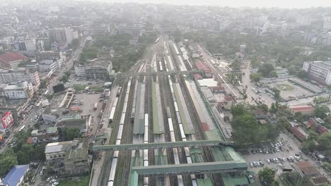 railway and train station in the center of guwahati city in india, city landscape seen from above