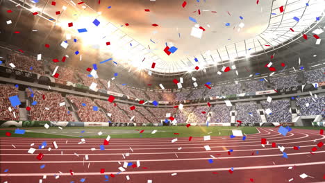 digital animation of colorful confetti falling against sports stadium in background