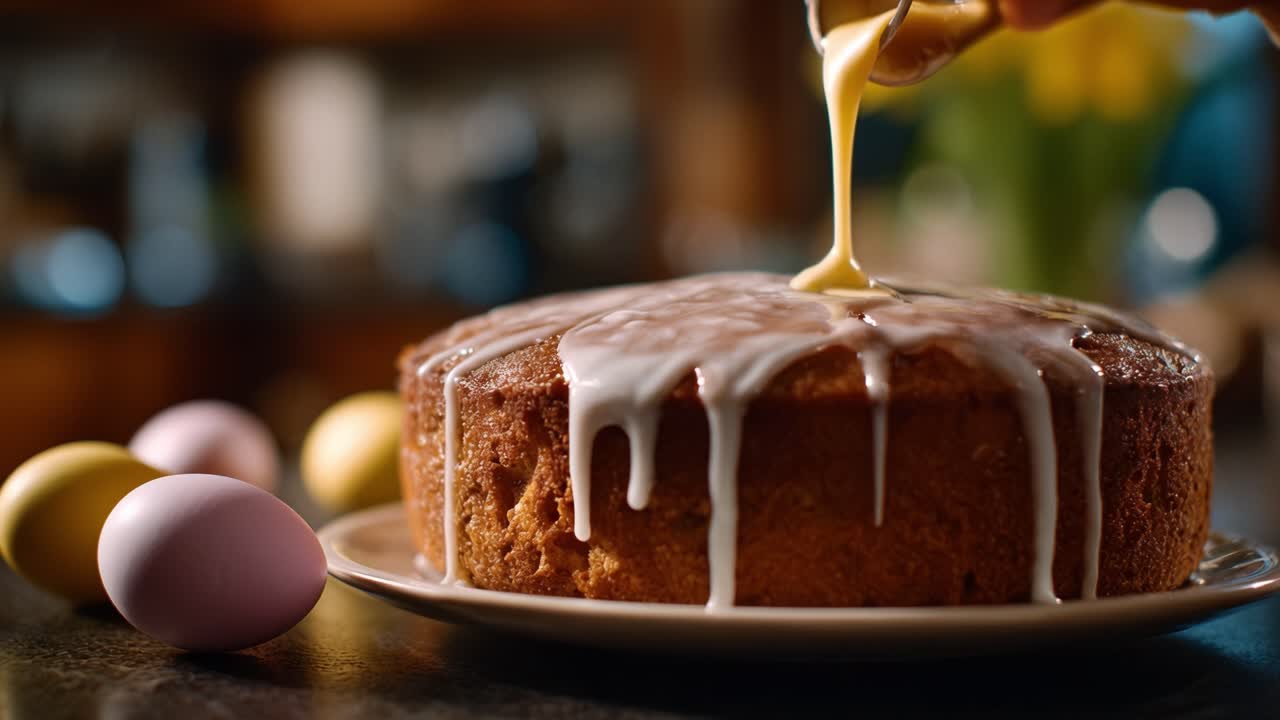 Delicious Cake with Dripping Glaze and Colorful Easter Eggs in Soft Focus Background Captured in a Cozy Kitchen Setting