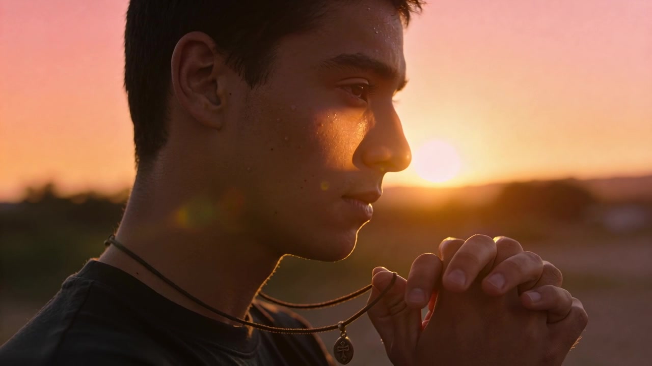 Sole al tramonto, un adolescente con una maglietta girocollo scura stringe un ciondolo tra le mani in una pianura aperta, in preghiera.