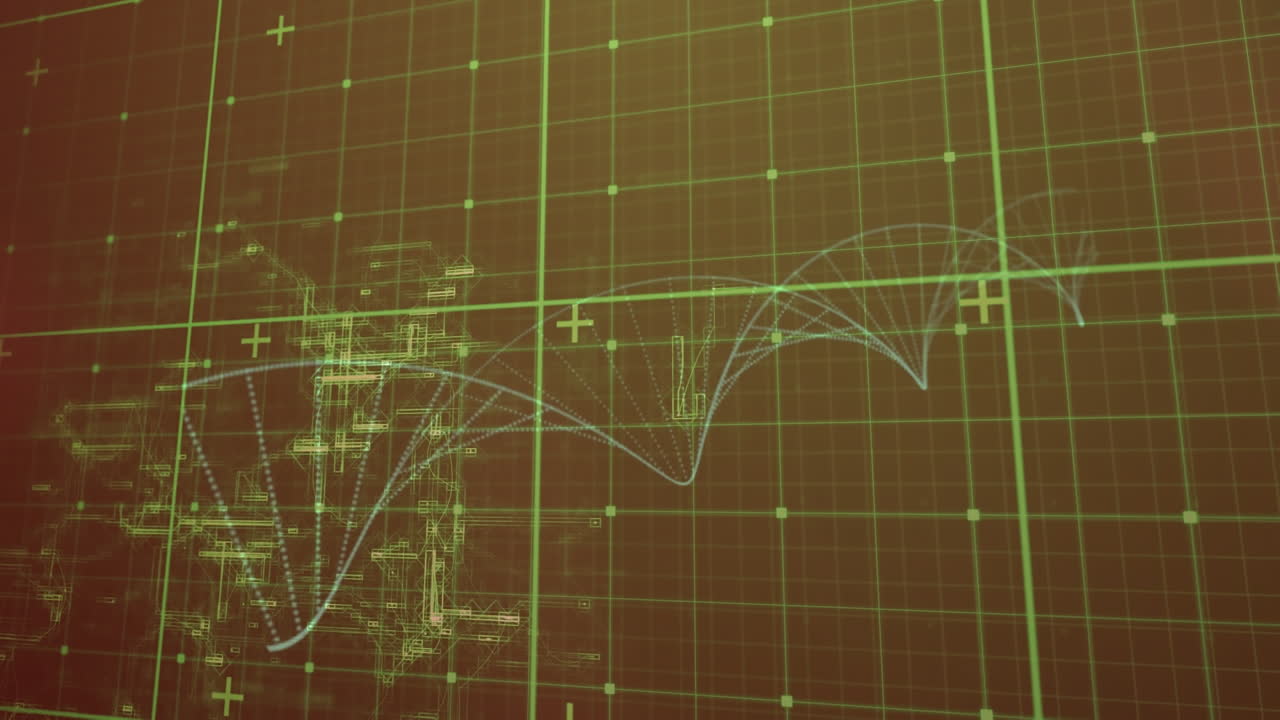 animación de la cuadrícula verde y las partículas que forman la hélice de adn sobre el procesamiento de datos, en pantalla marrón