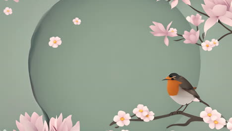 pájaro posado en una rama con flores rosadas, animación de primavera
