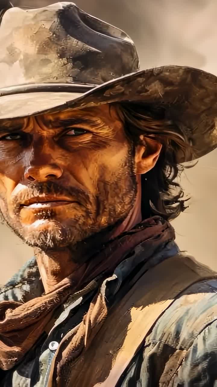 Vertical video: Dust drifting cowboy standing vigilantly at dusty plain, with worn hat and bandana