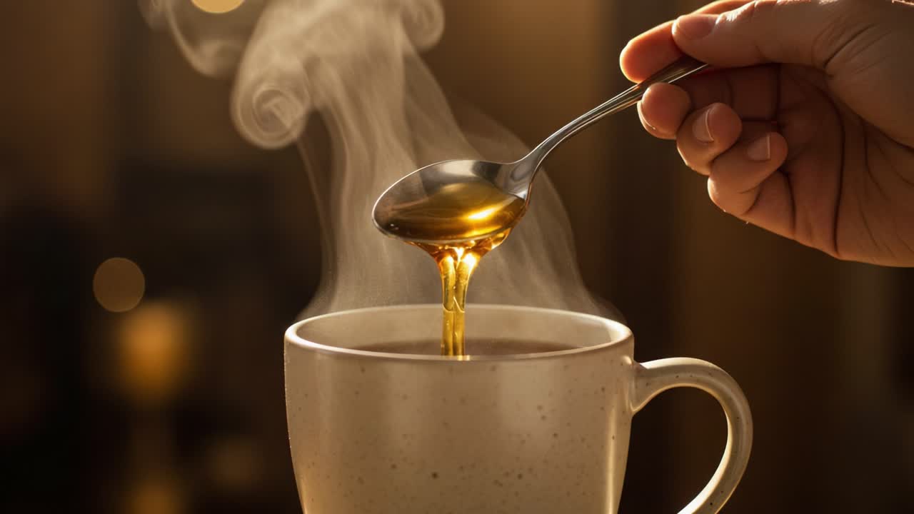 Pouring honey into a steaming hot drink