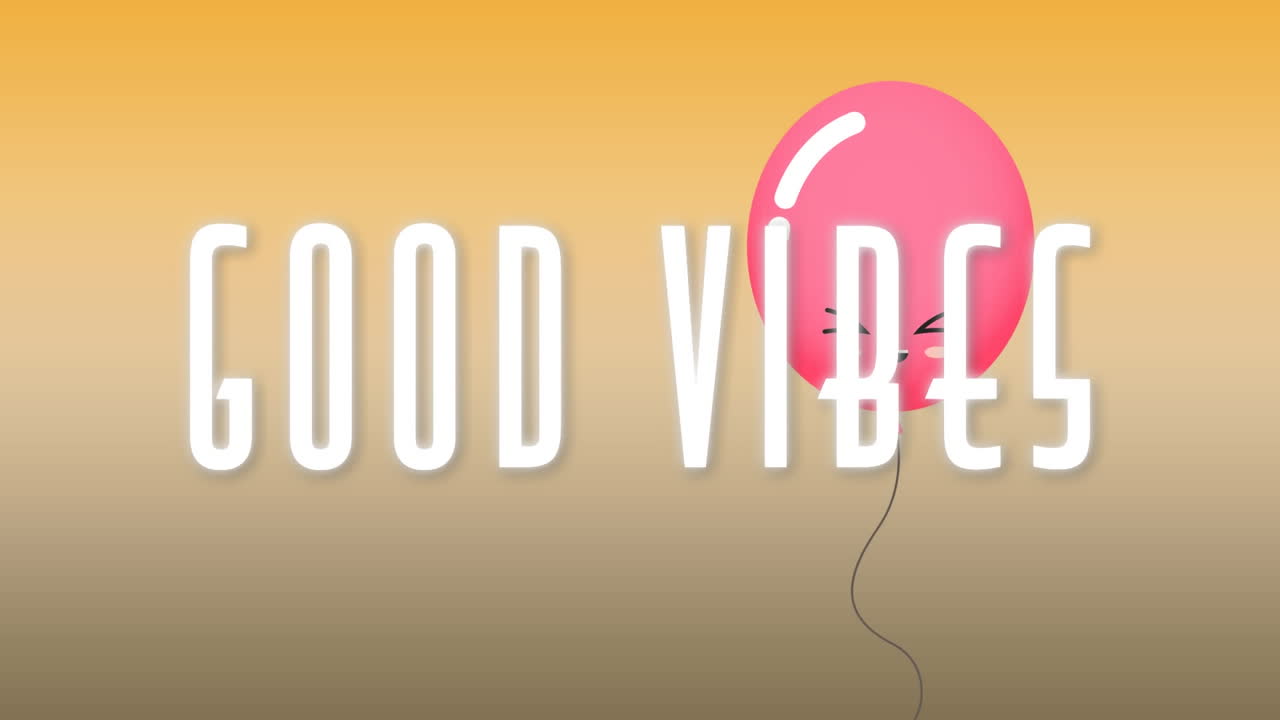 animación de las palabras buenas vibraciones en blanco con globo rosa flotante en naranja