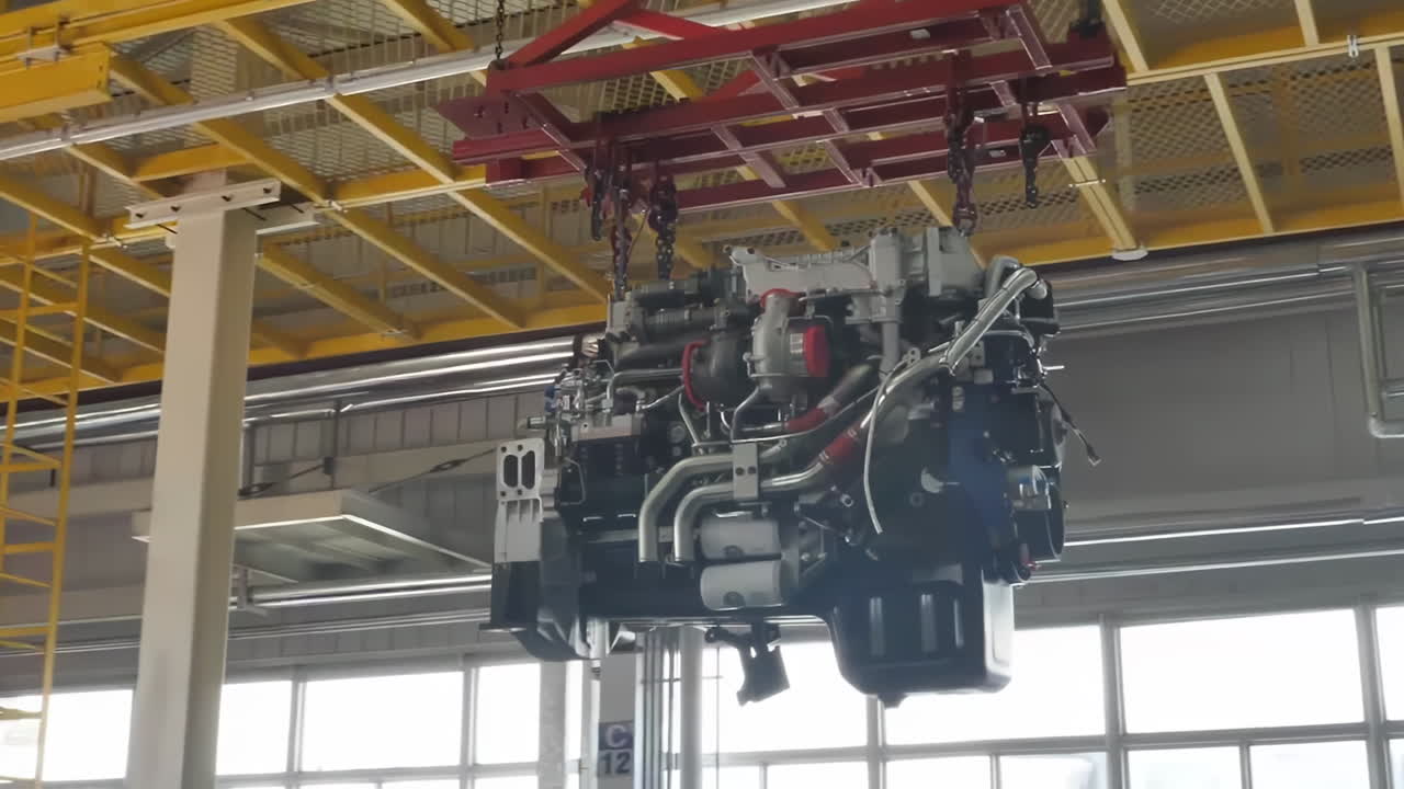 Engine workshop production of powerful Heavy duty truck engine being assembled on a production line in spacious car manufacturing plant