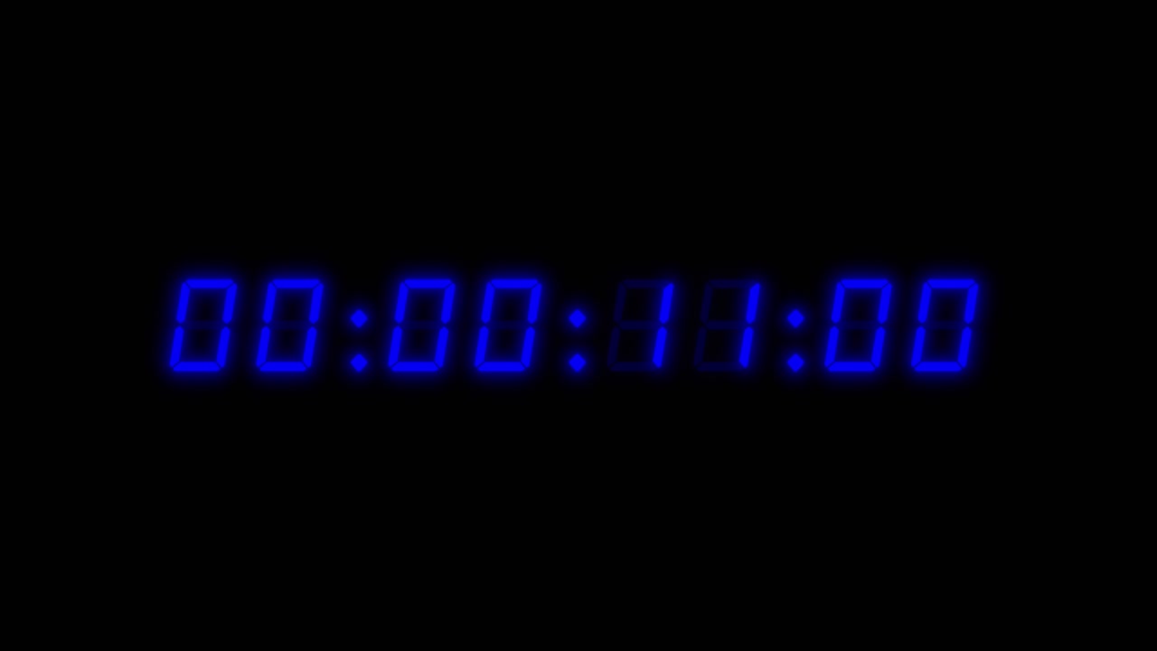 8-digits, green glowing text of 60 seconds (1 minute) digital clock countdown timer. Retro blue digits on black background. Retro digital alarm clock