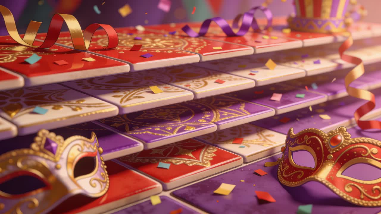 Shifting camera revealing tiles with masks on purple table causing confetti drift for festivity