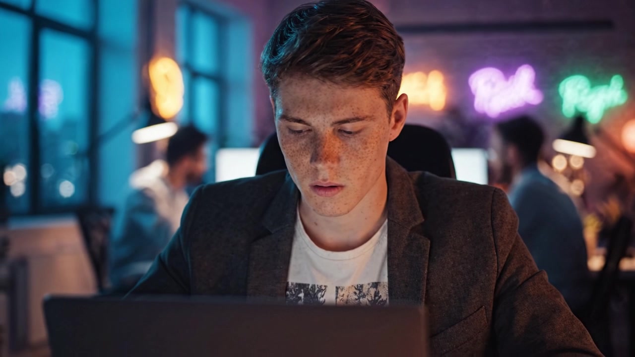 Focused Young Man Working on Laptop in a Modern Office with Colorful Neon Lights in the Background During Evening Hours, Showcasing a Productive Atmosphere