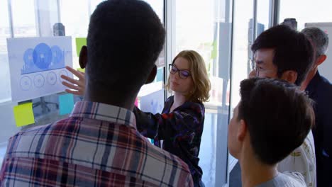 Multi-ethnic-business-colleagues-discussing-over-graphs-and-sticky-notes-in-modern-office-4k