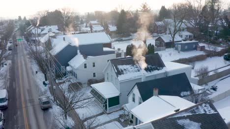 aerial establishing shot of homes in small town usa