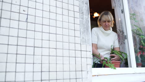 Mujer-En-Ventana-Abierta-Plantando-Una-Planta-De-Interior.