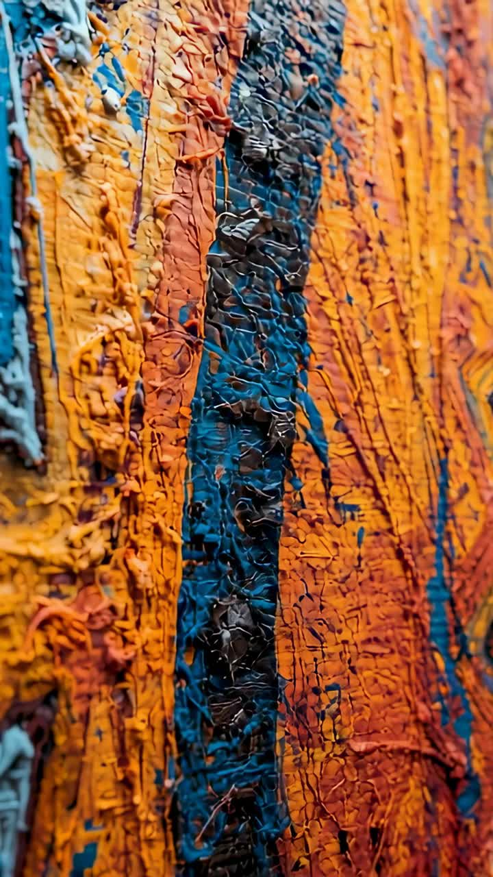 Video verticale: apertura della telecamera con panoramica verso l'alto in uno studio, rivelando strati di pittura arancione, gialla e blu