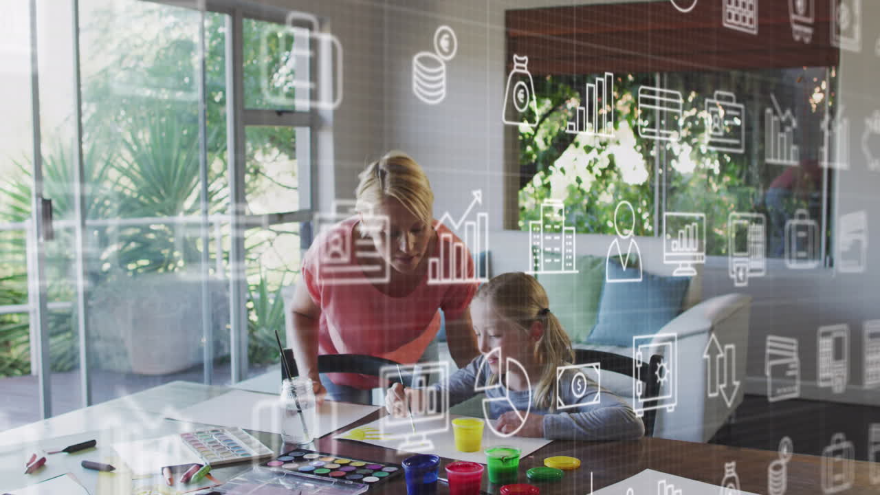 animación de múltiples iconos, madre caucásica ayudando a su hija a dibujar en casa