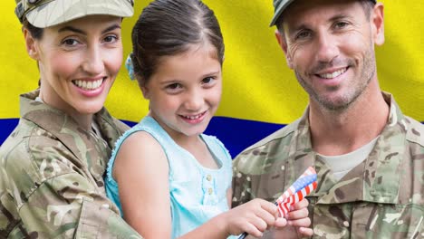 Animation-of-caucasian-male-and-female-soldiers-with-daughter-holding-american-flag