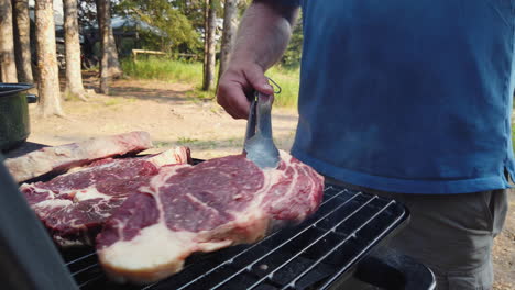 vista de ángulo bajo del hombre colocando filetes grandes en la parrilla mientras acampa